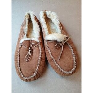 LL Bean WICKED GOOD Mens 12 Wide Brown Shearling Moccasins Laces Slippers